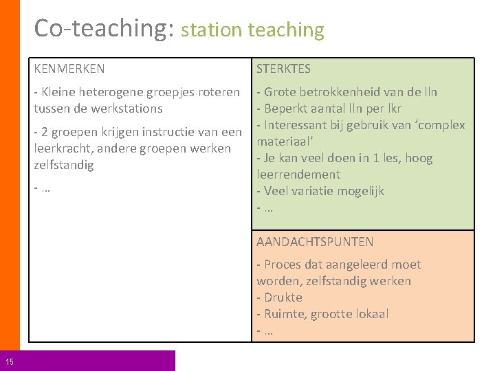 Co-teaching: station teaching KENMERKEN STERKTES - Kleine heterogene groepjes roteren tussen de werkstations -