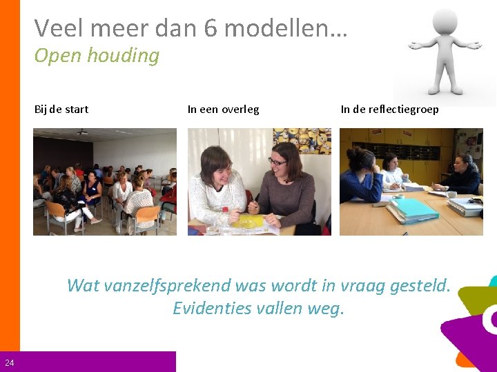 Veel meer dan 6 modellen… Open houding Bij de start In een overleg In