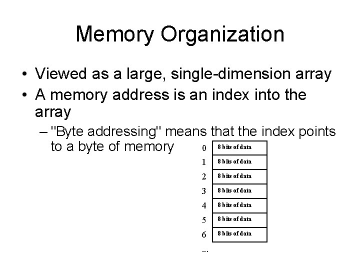 Memory Organization • Viewed as a large, single-dimension array • A memory address is