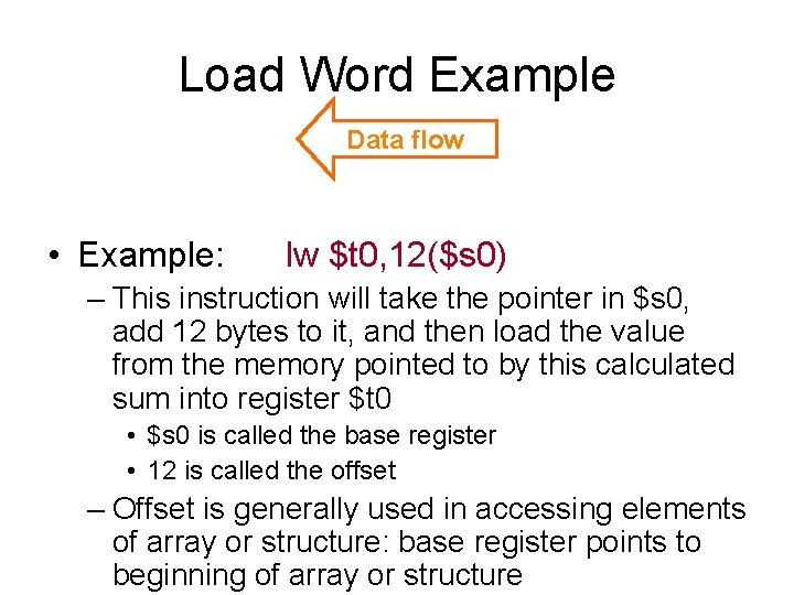 Load Word Example Data flow • Example: lw $t 0, 12($s 0) – This