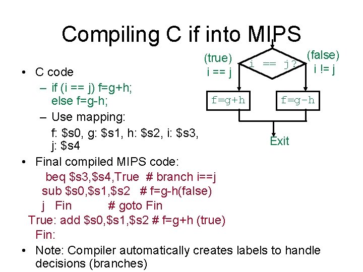 Compiling C if into MIPS (true) i == j (false) i == j? i