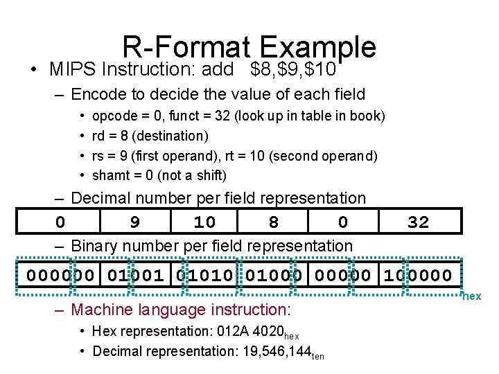 R-Format Example • MIPS Instruction: add $8, $9, $10 – Encode to decide the