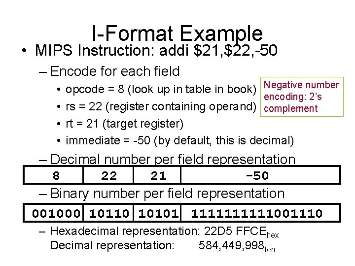 I-Format Example • MIPS Instruction: addi $21, $22, -50 – Encode for each field
