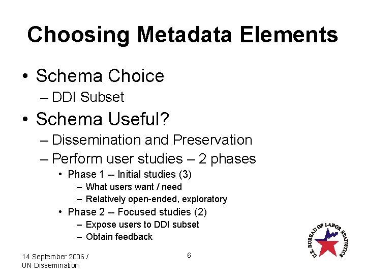 Choosing Metadata Elements • Schema Choice – DDI Subset • Schema Useful? – Dissemination