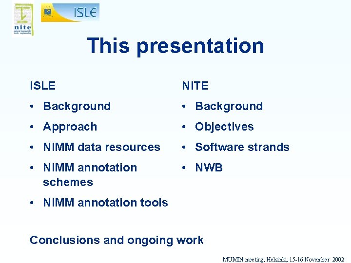 This presentation ISLE NITE • Background • Approach • Objectives • NIMM data resources