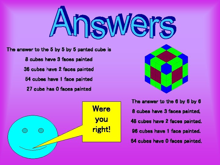 The answer to the 5 by 5 panted cube is 8 cubes have 3