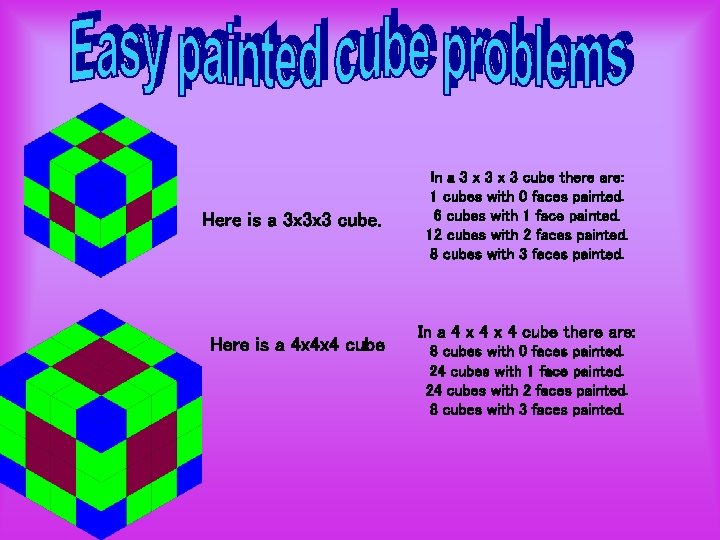 Here is a 3 x 3 x 3 cube. Here is a 4 x