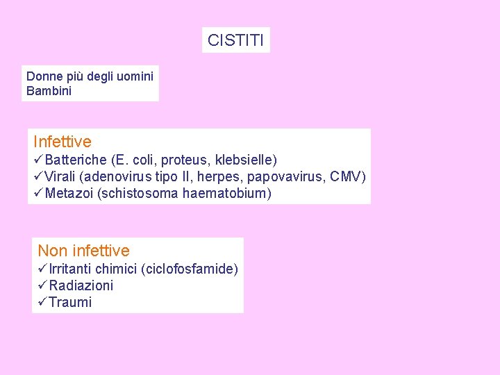 CISTITI Donne più degli uomini Bambini Infettive üBatteriche (E. coli, proteus, klebsielle) üVirali (adenovirus