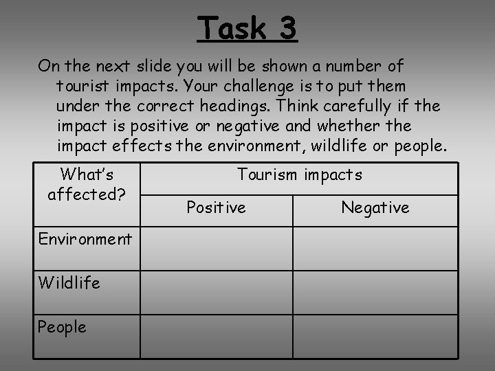 Task 3 On the next slide you will be shown a number of tourist