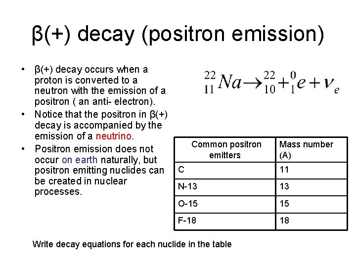 β(+) decay (positron emission) • β(+) decay occurs when a proton is converted to