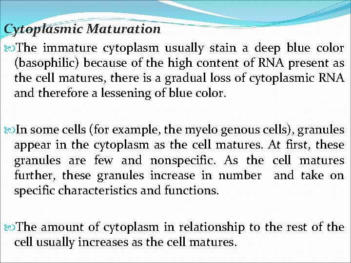 Cytoplasmic Maturation The immature cytoplasm usually stain a deep blue color (basophilic) because of