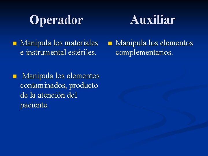 Auxiliar Operador n Manipula los materiales e instrumental estériles. n Manipula los elementos contaminados,