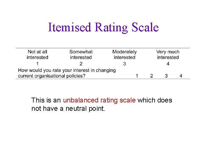 Itemised Rating Scale This is an unbalanced rating scale which does not have a