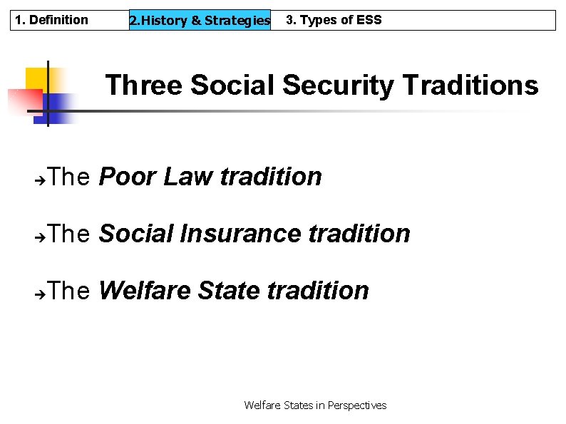 1. Definition 2. History & & Strategies 2. History 3. Types of ESS Three