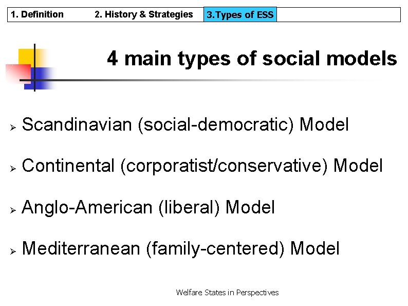 1. Definition 2. History & Strategies 3. Types of ESS 3. Types ESS 4