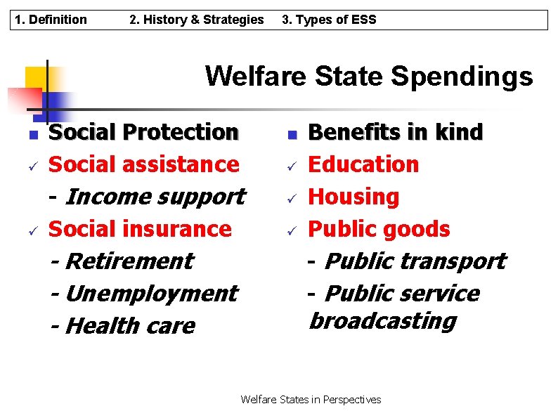 1. Definition 2. History & Strategies 3. Types of ESS Welfare State Spendings n