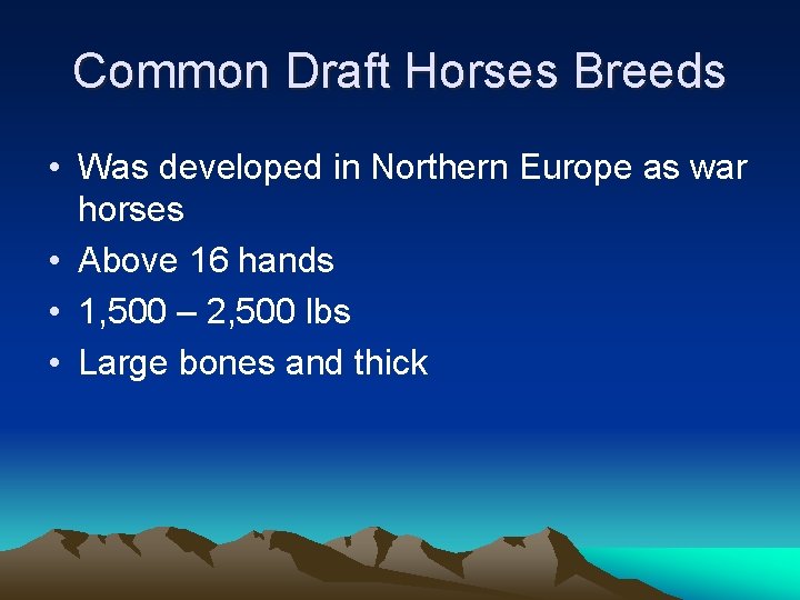 Common Draft Horses Breeds • Was developed in Northern Europe as war horses •