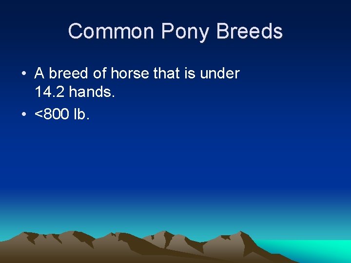 Common Pony Breeds • A breed of horse that is under 14. 2 hands.