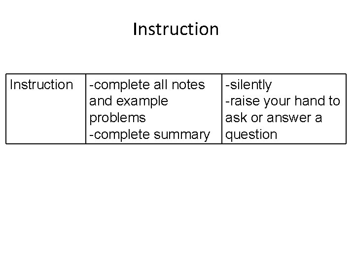 Instruction -complete all notes and example problems -complete summary -silently -raise your hand to