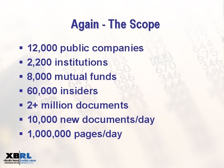 Again - The Scope § § § § 12, 000 public companies 2, 200