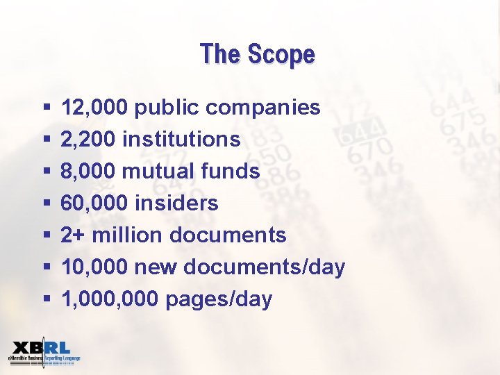 The Scope § § § § 12, 000 public companies 2, 200 institutions 8,