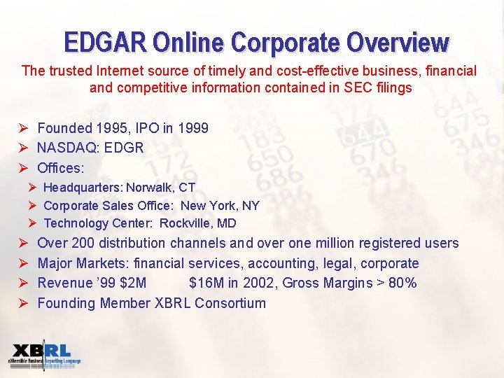 EDGAR Online Corporate Overview The trusted Internet source of timely and cost-effective business, financial