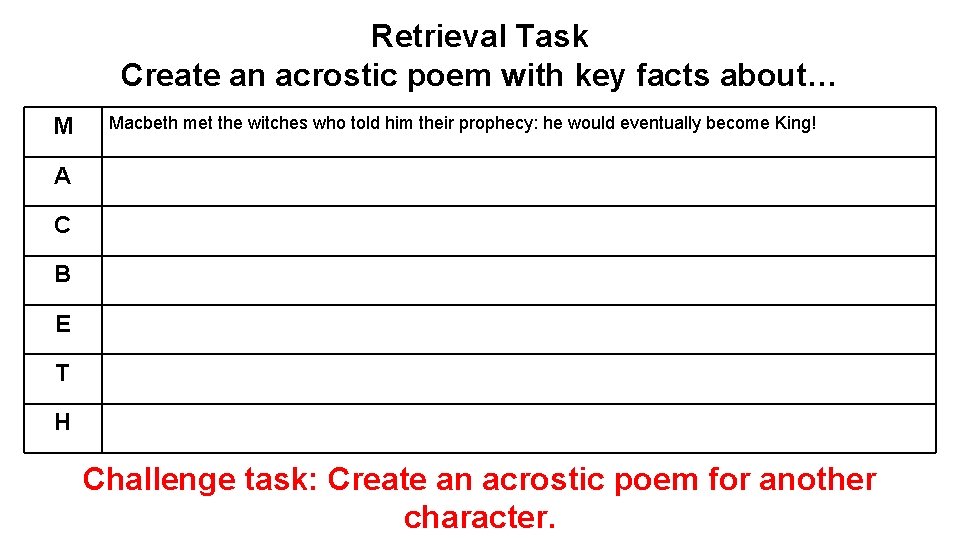 Retrieval Task Create an acrostic poem with key facts about… M Macbeth met the