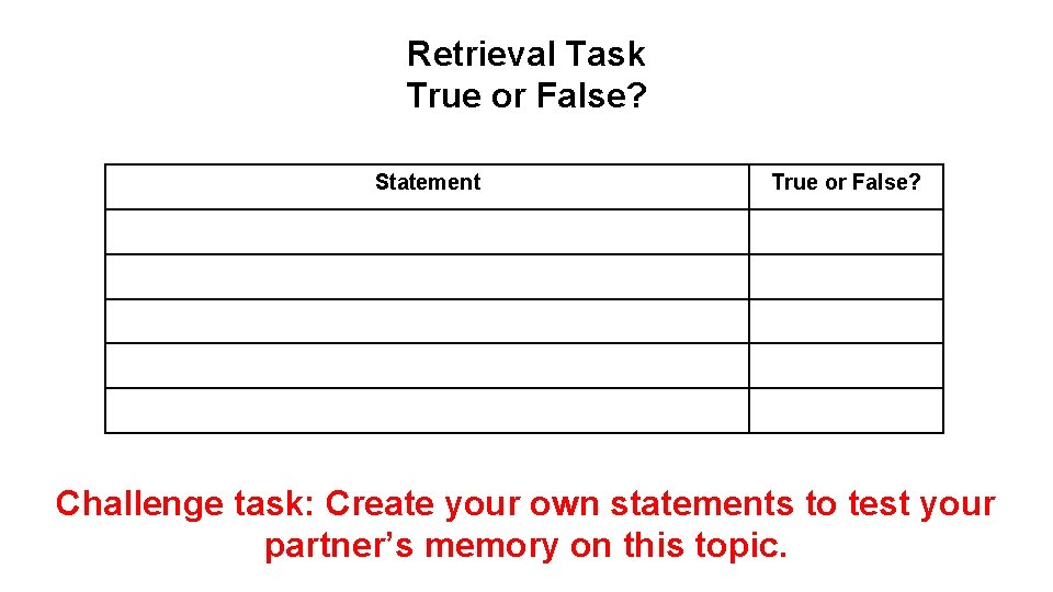 Retrieval Task True or False? Statement True or False? Challenge task: Create your own
