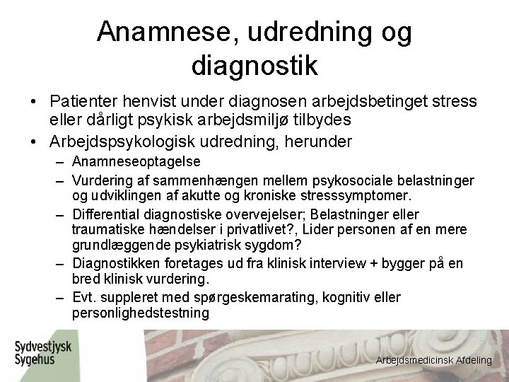 Anamnese, udredning og diagnostik • Patienter henvist under diagnosen arbejdsbetinget stress eller dårligt psykisk