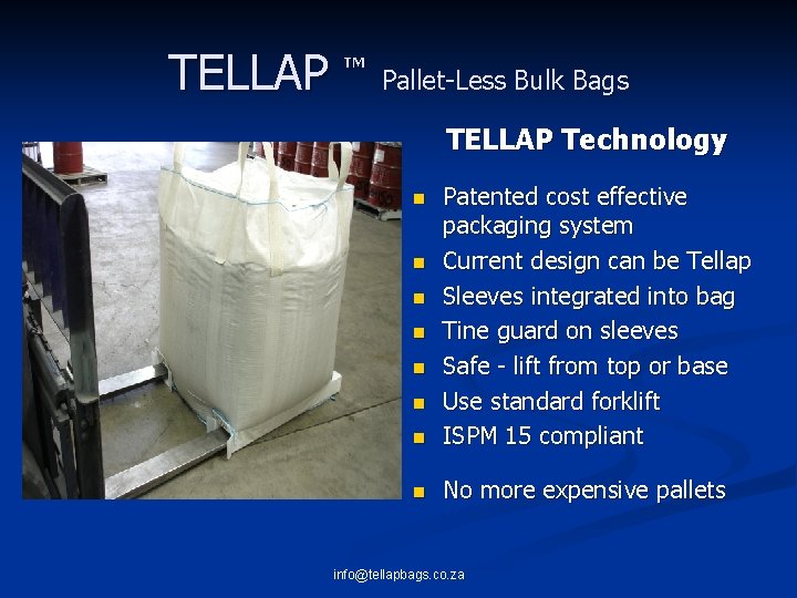TELLAP TM Pallet-Less Bulk Bags TELLAP Technology n Patented cost effective packaging system Current