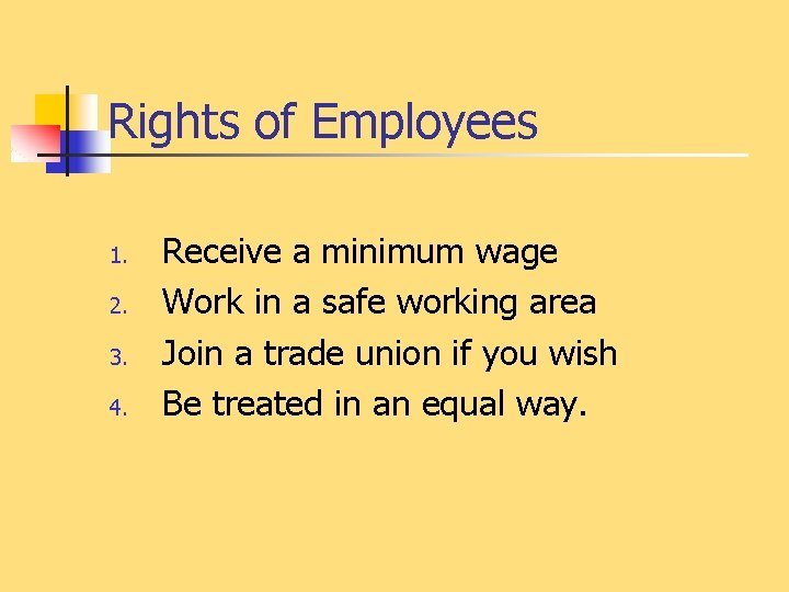 Rights of Employees 1. 2. 3. 4. Receive a minimum wage Work in a