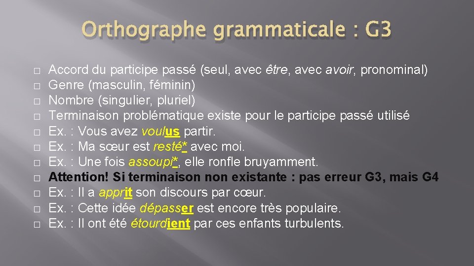 Orthographe grammaticale : G 3 � � � Accord du participe passé (seul, avec