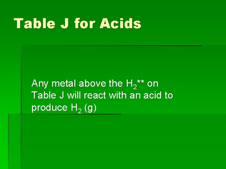 Table J for Acids Any metal above the H 2** on Table J will