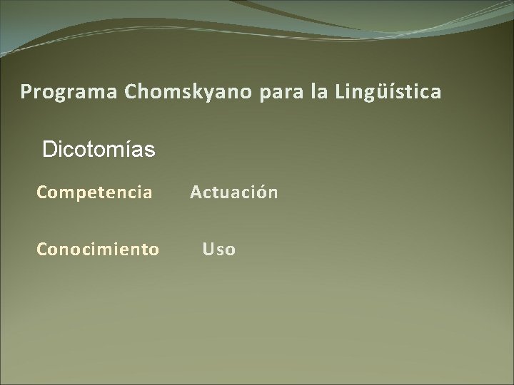 Programa Chomskyano para la Lingüística Dicotomías Competencia Actuación Conocimiento Uso 