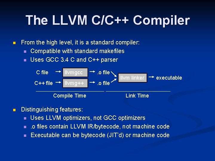 The LLVM C/C++ Compiler n From the high level, it is a standard compiler: