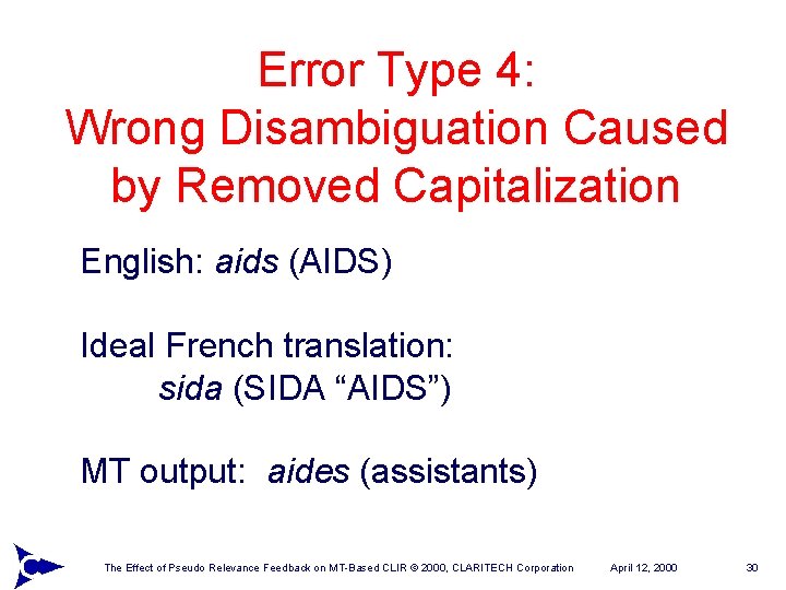 Error Type 4: Wrong Disambiguation Caused by Removed Capitalization English: aids (AIDS) Ideal French