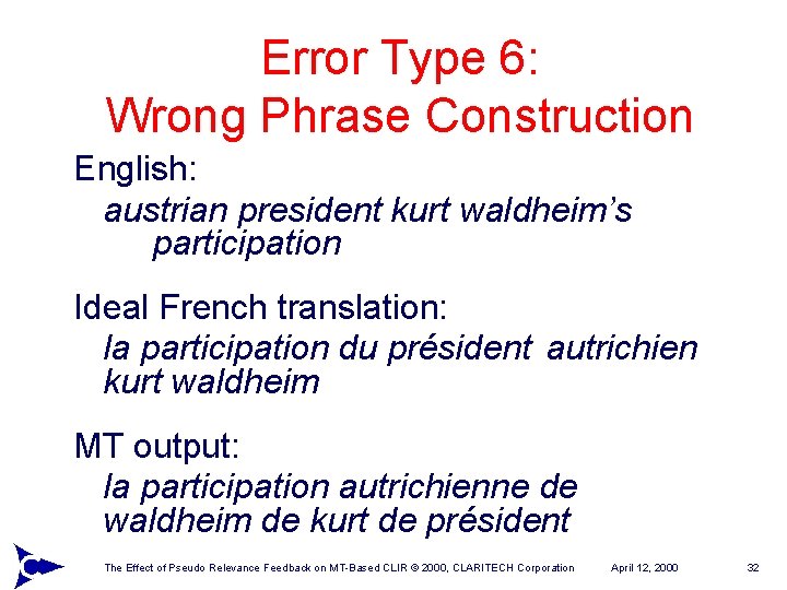 Error Type 6: Wrong Phrase Construction English: austrian president kurt waldheim’s participation Ideal French