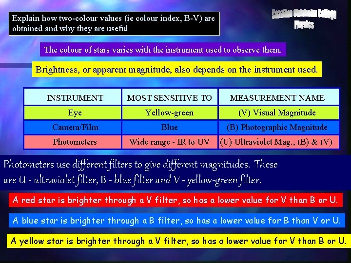 Explain how two-colour values (ie colour index, B-V) are obtained and why they are