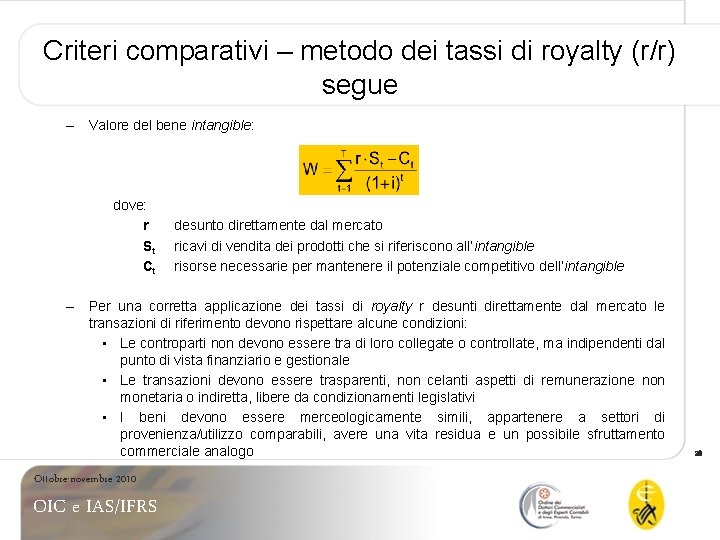 Criteri comparativi – metodo dei tassi di royalty (r/r) segue – Valore del bene