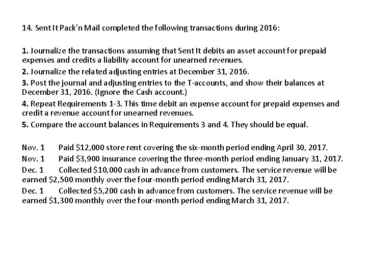 14. Sent It Pack'n Mail completed the following transactions during 2016: 1. Journalize the