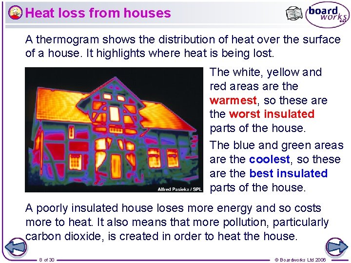 Heat loss from houses A thermogram shows the distribution of heat over the surface