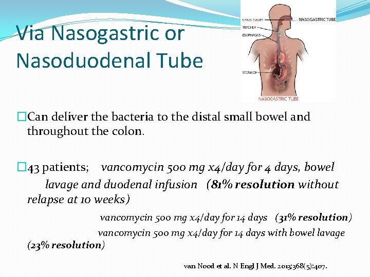 Via Nasogastric or Nasoduodenal Tube �Can deliver the bacteria to the distal small bowel