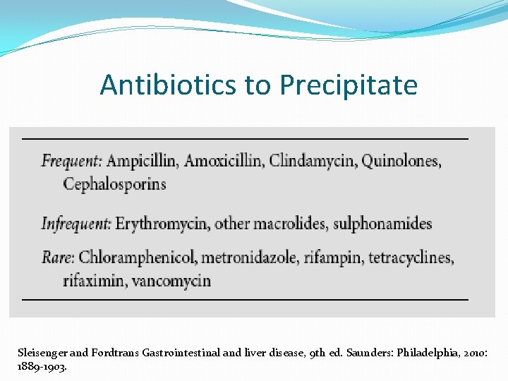 Antibiotics to Precipitate Sleisenger and Fordtrans Gastrointestinal and liver disease, 9 th ed. Saunders: