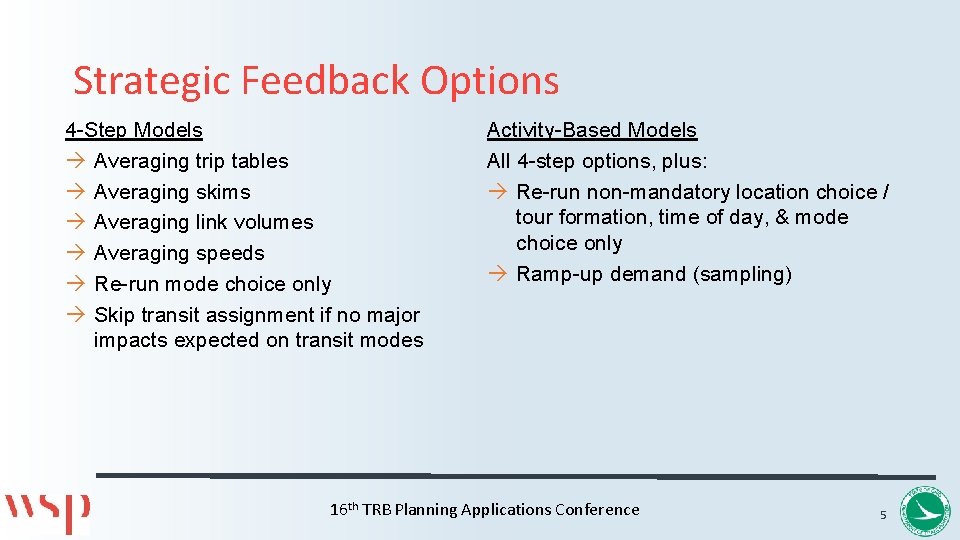 Strategic Feedback Options 4 -Step Models Averaging trip tables Averaging skims Averaging link volumes