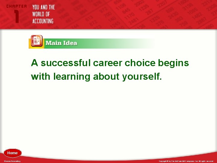 A successful career choice begins with learning about yourself. Home Glencoe Accounting Copyright ©