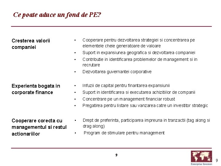 Ce poate aduce un fond de PE? Cresterea valorii companiei Experienta bogata in corporate