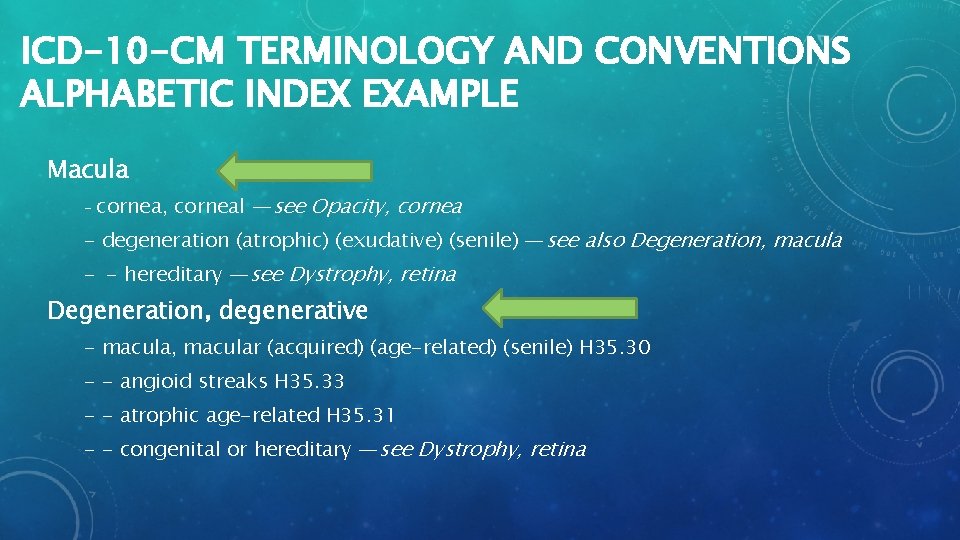 ICD-10 -CM TERMINOLOGY AND CONVENTIONS ALPHABETIC INDEX EXAMPLE Macula - cornea, corneal —see Opacity,