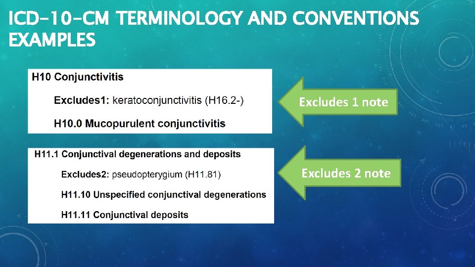 ICD-10 -CM TERMINOLOGY AND CONVENTIONS EXAMPLES Excludes 1 note Excludes 2 note 