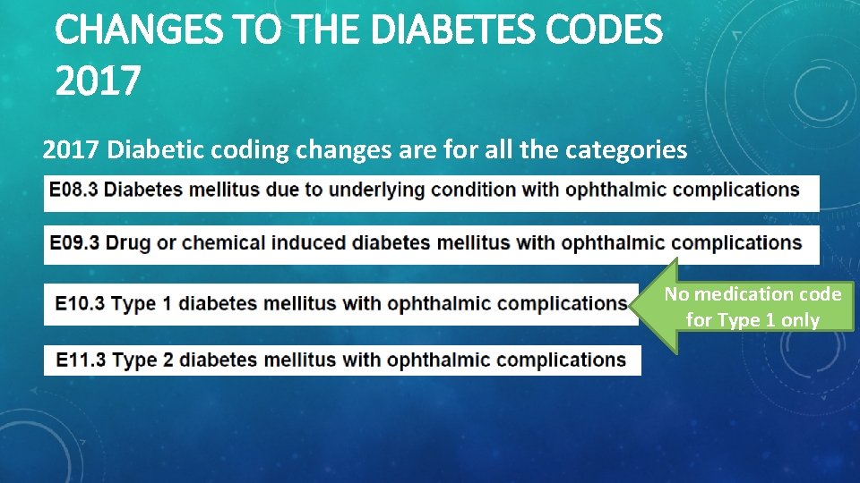 CHANGES TO THE DIABETES CODES 2017 Diabetic coding changes are for all the categories