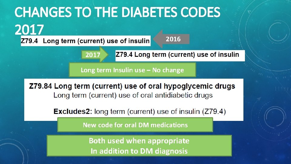 CHANGES TO THE DIABETES CODES 2017 2016 2017 Long term Insulin use – No